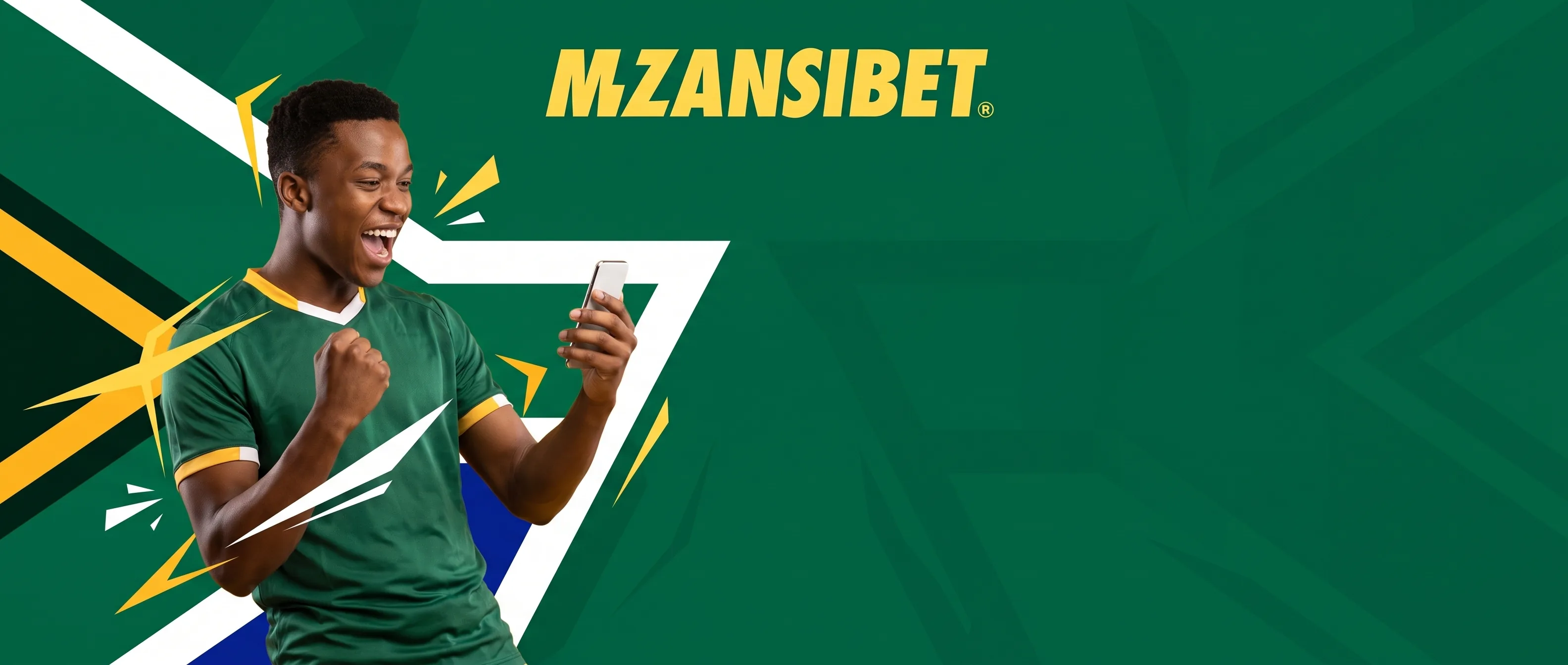 Mzansibet player using a mobile phone against a green and yellow backdrop